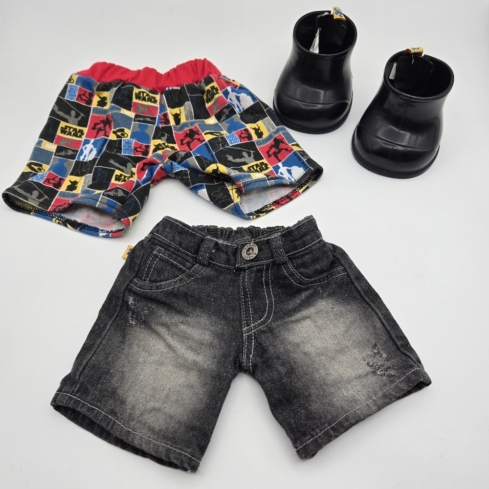 Build A Bear Star Wars Print Shorts Denim Shorts Black Boots Accessory Bundle